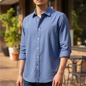 Burberry Men's Dress Shirt Blue Button-Down Imported Cotton Fabric